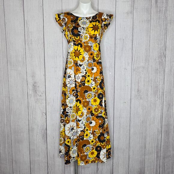 60s Hawaiian Mod Floral Maxi Dress | Sun Fashions Style | Barkcloth | Sz S - Picture 1 of 11